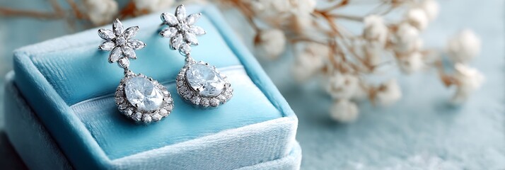 High-end display of platinum earrings on light blue velvet and white stone