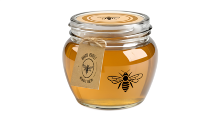 Golden honey jar sitting delicately on a wooden kitchen counter illuminated by warm, inviting sunlight in a cozy home setting  honey, jar, bees, wooden, counter, sunlight, kitchen, golden, natural, sw