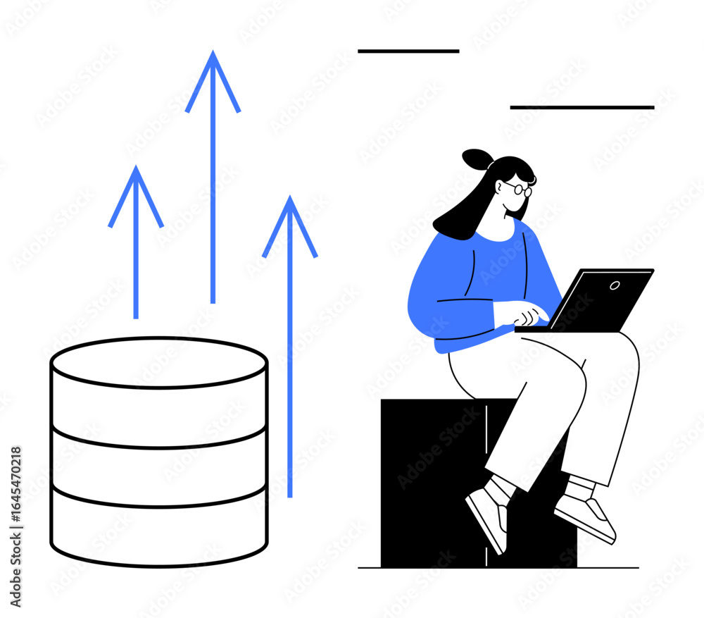 Poster woman sitting with a laptop studying data trends linked to a database. blue arrows signify growth. i