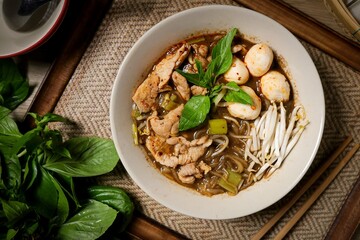 Noodle soup with sliced pork, pig blood, meatball and Thai morning glory,Nam Tok noodles with thin...