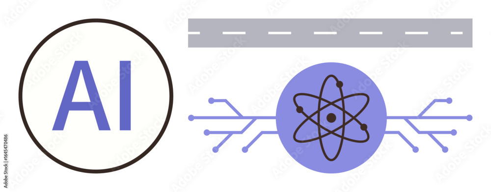 Aufkleber ai text, atom with connected circuits, and road icon symbolize artificial intelligence, technology, 