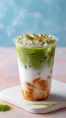 Refreshing iced matcha latte with milk and caramel layers served in a clear cup on a light background