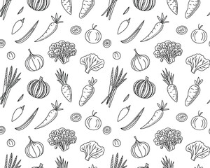 Fototapeta premium Black and White Line Art Vegetable Pattern Seamless Design Fresh Produce Illustration for Healthy Eating and Culinary Arts