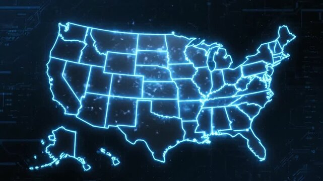 Glowing outline of the united states map with state borders on a dark digital background design
