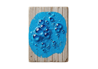 A bright cerulean blue bubbling, blistering paint on sun-bleached, weathered wood with visible grain and cracks, against a seamless transparent background. Study of material decay
