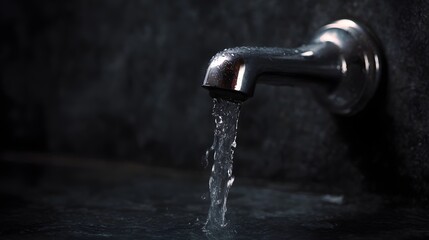 Dripping water faucet in close up with lighting and sharp focus