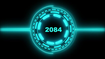 3d text animation 4k video. 2084 text with screen effects of technological failures. Concept of counting years. Past year technology concept on black background.