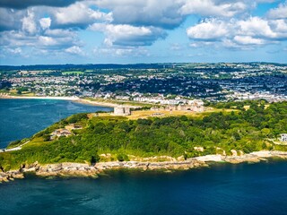 Pendennis Castle and Pendennis Point from a drone, Falmouth, Cornwall, UK