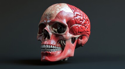 Human skull anatomy showing muscles and brain in detailed medical style on dark background.