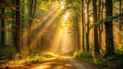 Fototapeta premium Photo of sunlight streams through the trees, illuminating a forest path with golden rays, creating a magical and serene atmosphere in this beautiful natural landscape