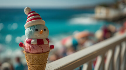 Creative ice cream snowman delighting beachgoers in Australia during festive summer