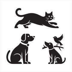 Stylized Black Silhouettes of Animals Including Cats, Dogs, and Birds