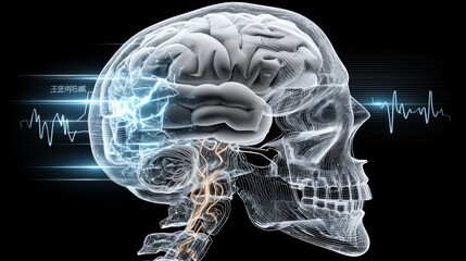 Digital visualization of human brain activity with neural signals and skull structure.