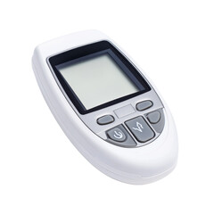 White handheld device with LCD screen and buttons, isolated on a transparent background