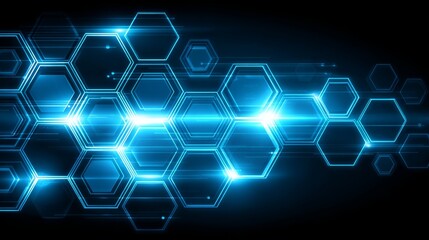 Glowing blue hexagon shapes in futuristic tech pattern on black background.