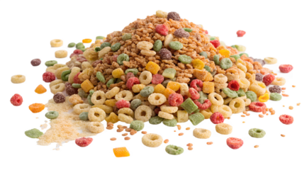 Colorful cereal mix creating a playful display with assorted shapes and textures that bring joy to breakfast moments and childhood memories intertwined with sweetness Generative AI