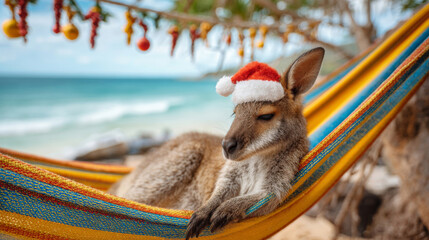 Wallaby in Santa hat relaxing on beach hammock during holiday season in Australia