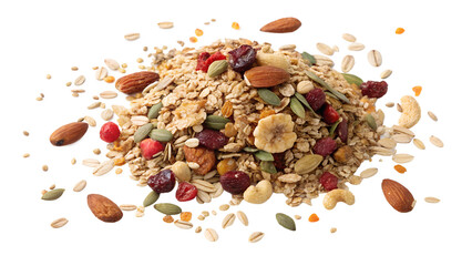 Nutritious granola blend with oats, nuts, and dried fruits on a transparent background showcasing a delightful mix ideal for healthy snacking or breakfast ai, png, transparent, granola, oats, nuts, dr