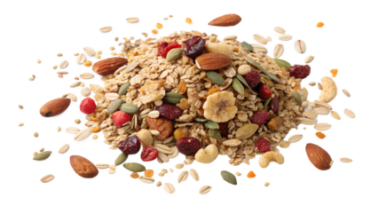 Nutritious granola blend with oats, nuts, and dried fruits on a transparent background showcasing a delightful mix ideal for healthy snacking or breakfast ai, png, transparent, granola, oats, nuts, dr