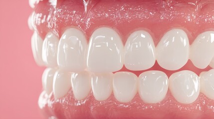 Close-up of clean white teeth with healthy gums on pink background.
