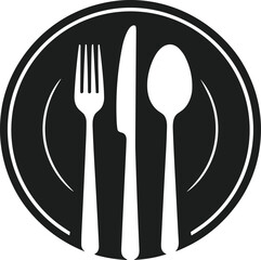 Fork Knife and Spoon Silhouette on Plate Vector for Dining and Restaurant