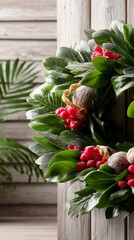 Elegant Christmas wreath crafted from banana leaves, adorned with red berries and placed against wooden background