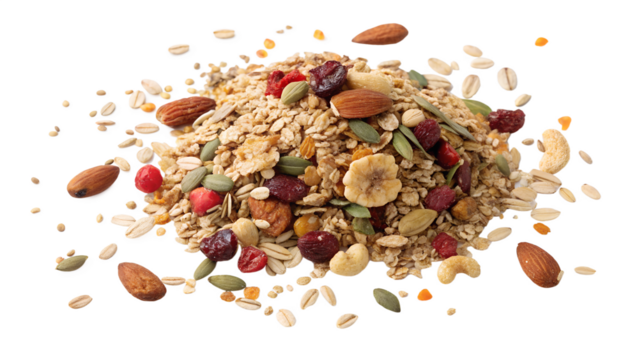 Nutritious granola blend with oats, nuts, and dried fruits on a transparent background showcasing a delightful mix ideal for healthy snacking or breakfast ai, png, transparent, granola, oats, nuts, dr