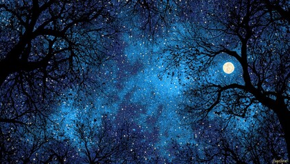 Naklejka premium A nocturnal scene; a full moon and countless stars illuminate a dark, leafless forest viewed from below, creating a mystical, starry nightscape
