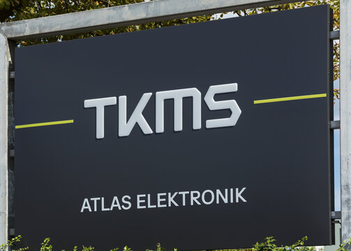 Bremen, Germany &ndash; August 10, 2025: Brand logo of THyssenKrupp Marine Services (TKMS) at headquarters of its subsidiary ATLAS ELEKTRONIK, a naval electronics and systems business.