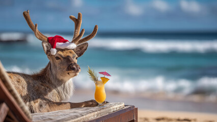 Santa's reindeer enjoys a tropical getaway on a beach lounger in December under the sun