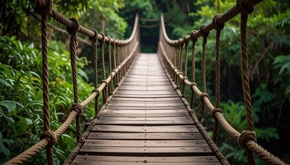 Journey's Beginning: A captivating shot of a rope bridge disappearing into a lush green forest. The weathered wood and sturdy ropes suggest adventure and an exciting journey.