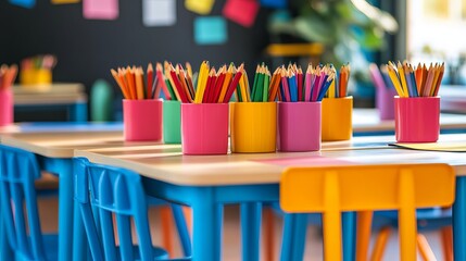 Colorful pencils in containers on a classroom table