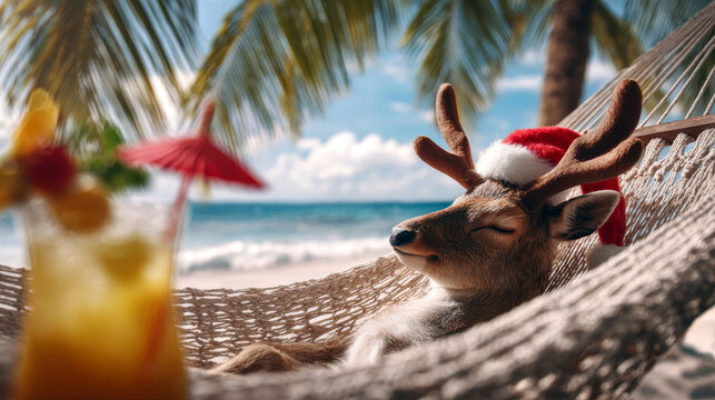 Reindeer in Santa hat enjoys a sunny beach day on vacation in December