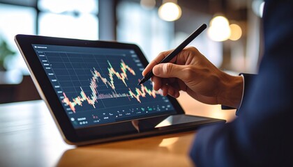 A scene where a stock chart is operated with a stylus pen on a tablet screen