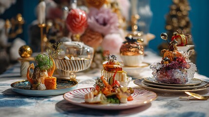 Fototapeta premium Gourmet desserts displayed on an elegant table setting featuring vibrant colors and intricate designs.