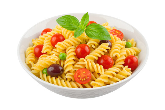 Delicious rotini pasta salad with cherry tomatoes and fresh basil leaves perfectly arranged for a gourmet delightai, png, transparent, pasta, salad, rotini, cherry, tomatoes, basil, gourmet, colorful,