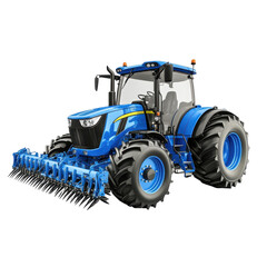 Obraz premium Blue Tractor with Cultivator Agricultural Machinery Farming Equipment Powerful Machine Modern Technology, isolated on a transparent background