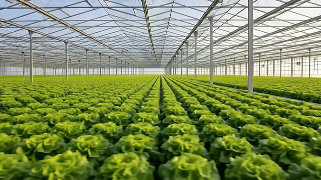 Indoor greenhouse farm filled with rows of fresh vibrant green lettuce highlighting modern agricultural practices sustainable farming and healthy food production