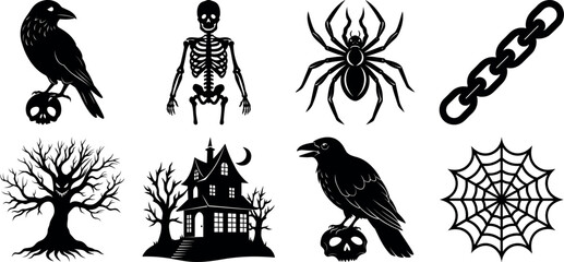 Black and white halloween vector silhouette set with spooky icons.