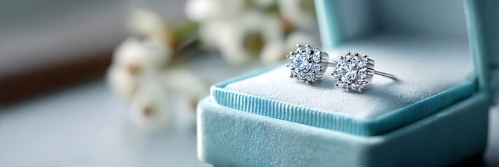 High-end display of platinum earrings on light blue velvet and white stone