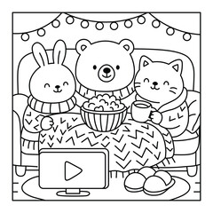 Cozy Animal Friends Watching Movie – Cute Coloring Page