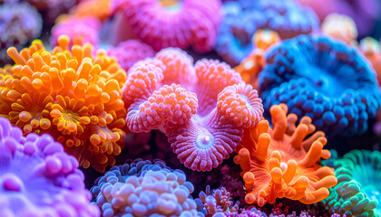 Macro close-up of coral reef texture, colorful organic marine shapes, underwater environmental theme