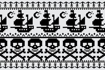 Fototapeta premium Various geometric patterns decorate the entire horizontal seamless surface in black and white tones.