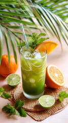 Fototapeta premium Refreshing green cocktail with mint garnish, orange slices, and lime on a woven coaster surrounded by tropical leaves