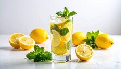 Fototapeta premium Refreshing Lemonade: A glass of invigorating lemonade, adorned with fresh mint leaves and ice, stands amidst a vibrant array of ripe lemons, creating a refreshing still-life composition.