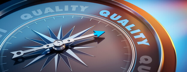 Dark stylish compass with needle pointing to the word quality - 3D illustration