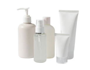  Close-Up of Daily Hygiene Kit Essentials in Travel-Sized Bottles, Studio White Background