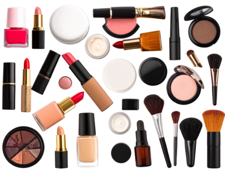 Casual Scattered Collection of Skincare and Makeup Items, Top-Down Perspective, Transparent PNG