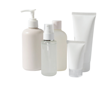  Close-Up of Daily Hygiene Kit Essentials in Travel-Sized Bottles, Studio White Background