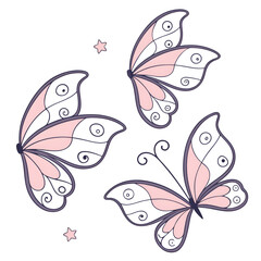 Obraz premium Delicate Pink and White Butterfly Vector Illustration with Swirls and Stars – Elegant Hand-Drawn Style, Perfect for Spring Designs, Invitations, Stickers, and Wall Art
